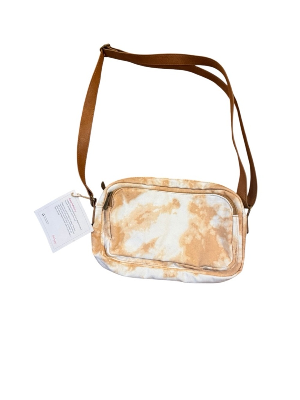 Thirty-one Neutral Beige Tie-Dye Canvas Crossbody Bag with Brown Strap NWT